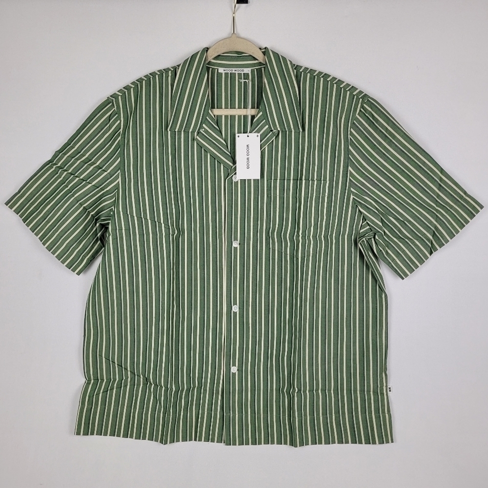 NWT Wood Wood Johan Dobby Bright Green Striped S/S Button Down Shirt Size XL